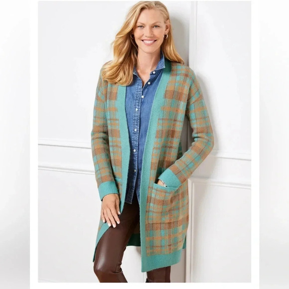 TALBOTS BIRD'S EYE PLAID OPEN FRONT CARDIGAN IN CANDIED BLUE/CAFE WOOL BLEND - Picture 2 of 8